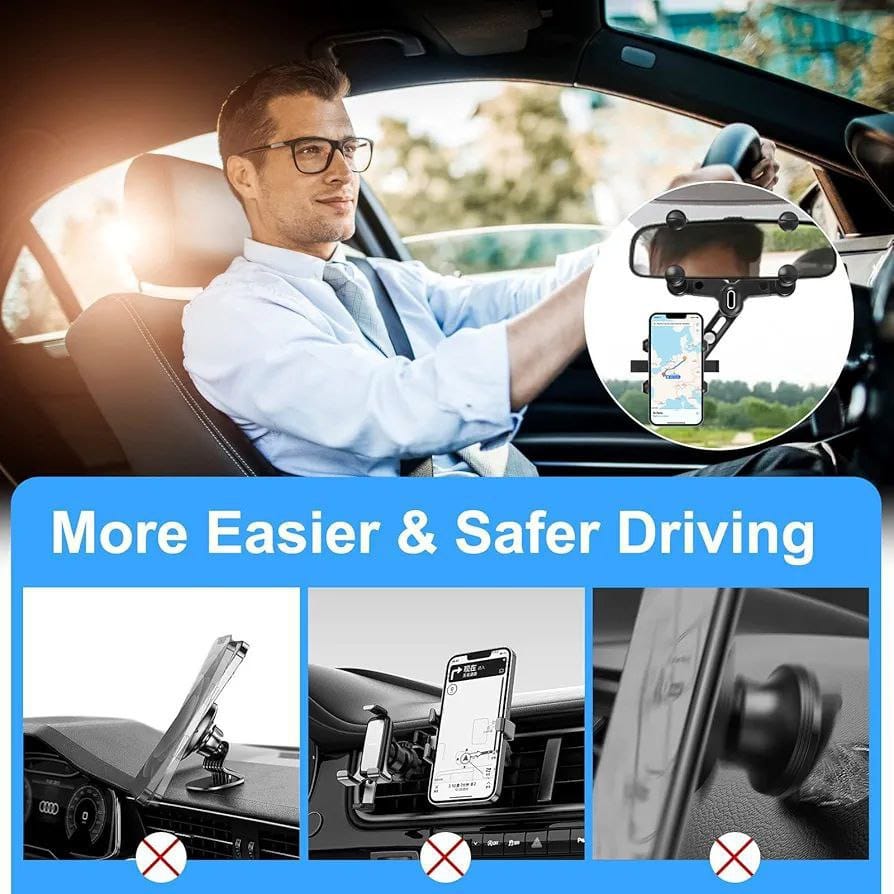 Phone Mount for Car — Rear View Mirror Holder with 360° Rotation