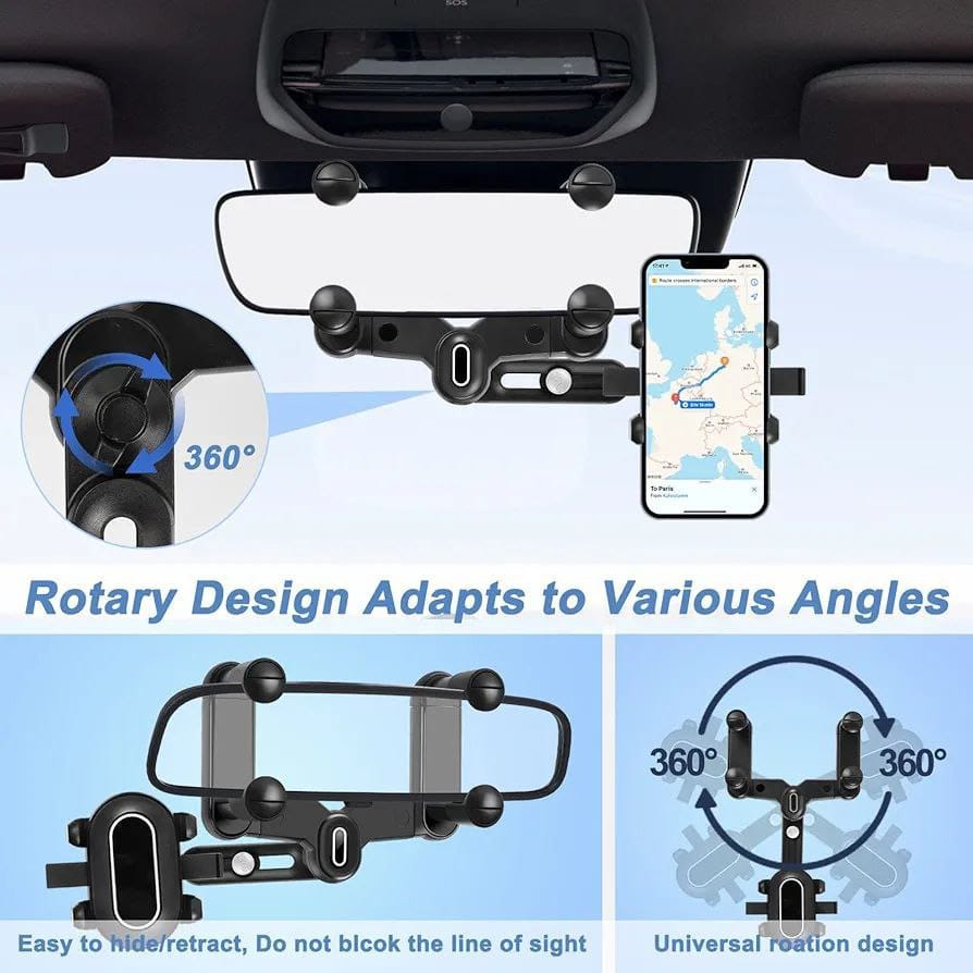 Phone Mount for Car — Rear View Mirror Holder with 360° Rotation