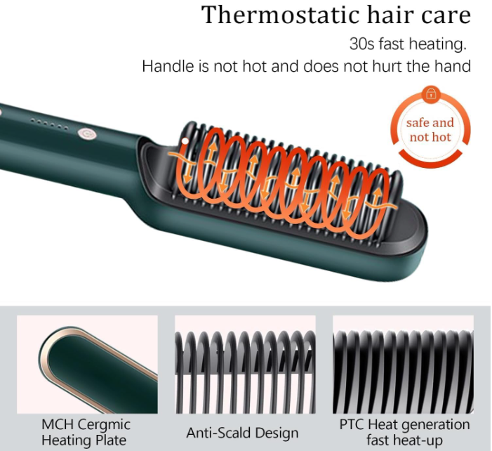 Hair Straightener Brush — 5-Temp PTC Heating for Smooth Hair
