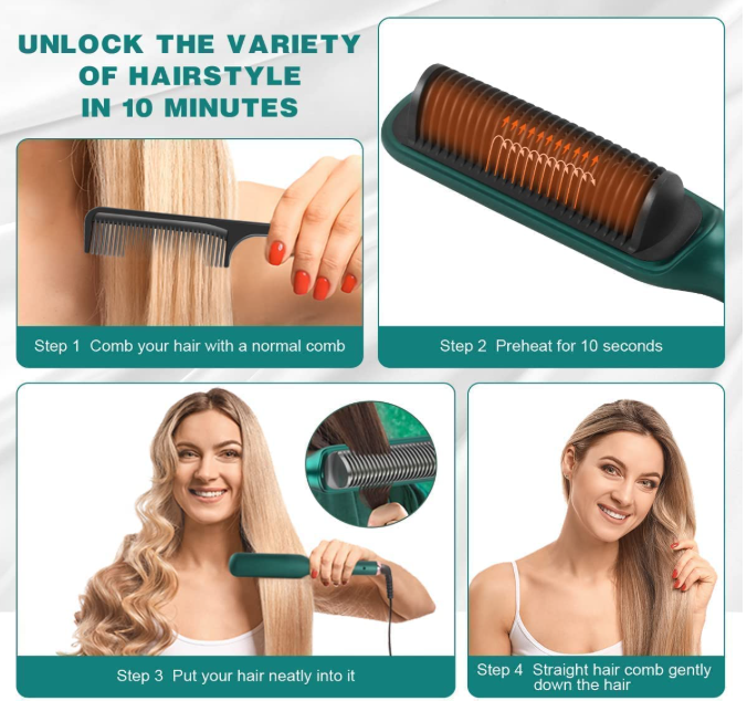Hair Straightener Brush — 5-Temp PTC Heating for Smooth Hair