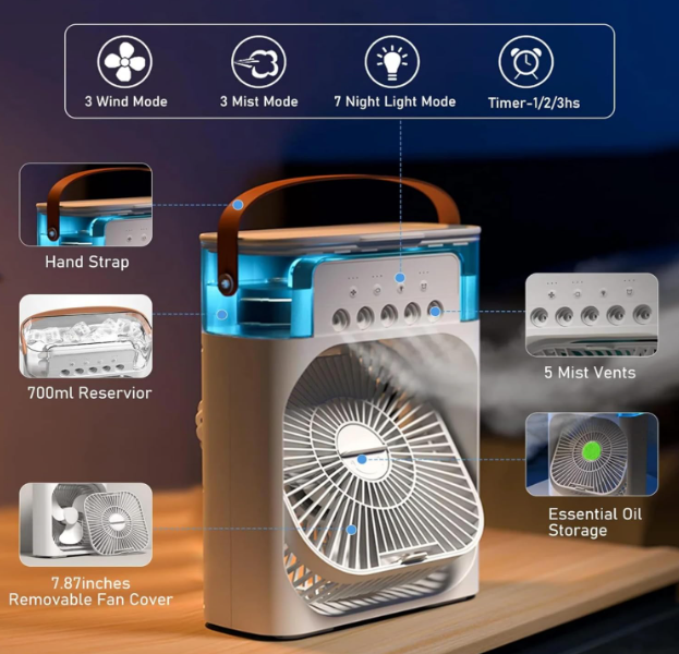 Mini LED Fan Cooler — 3 Speeds, 7 Colours, 3 Spray Modes