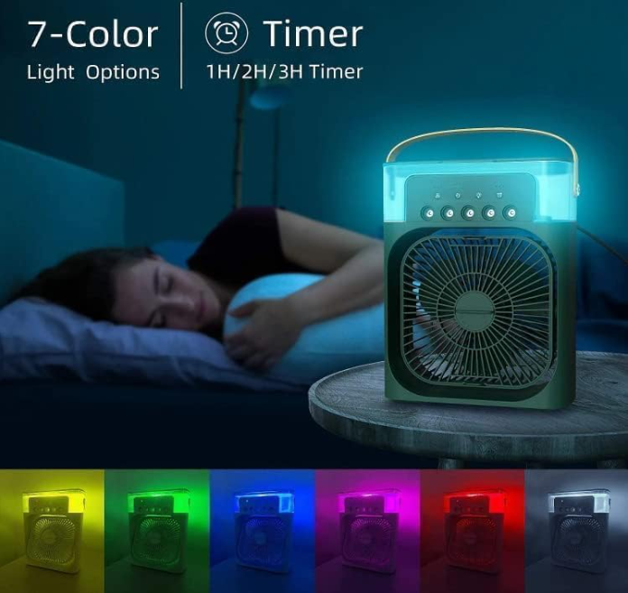 Mini LED Fan Cooler — 3 Speeds, 7 Colours, 3 Spray Modes