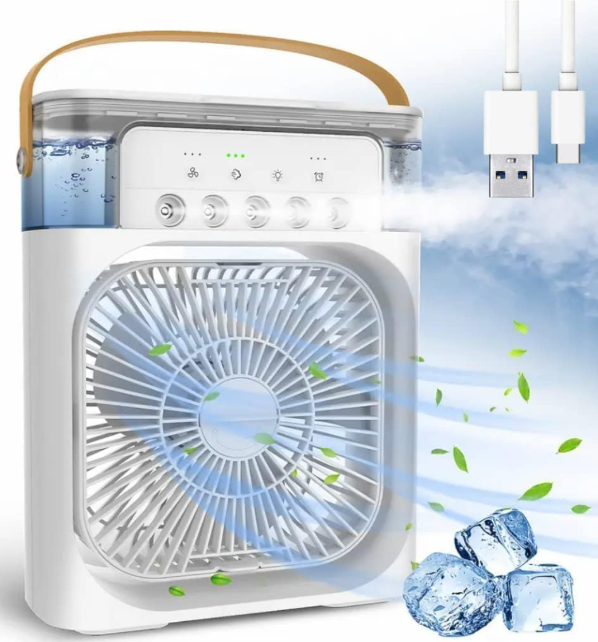 Mini LED Fan Cooler — 3 Speeds, 7 Colours, 3 Spray Modes