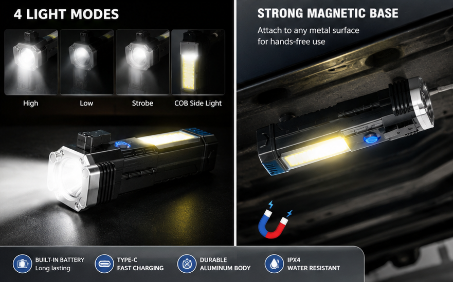 LED Tactical Flashlight — 8-in-1 Rechargeable Torch
