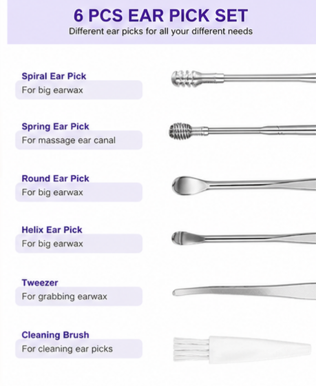 Professional Ear Cleaning Kit — 6 Steel Tools with Case