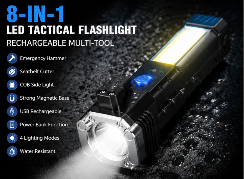 LED Tactical Flashlight — 8-in-1 Rechargeable Torch